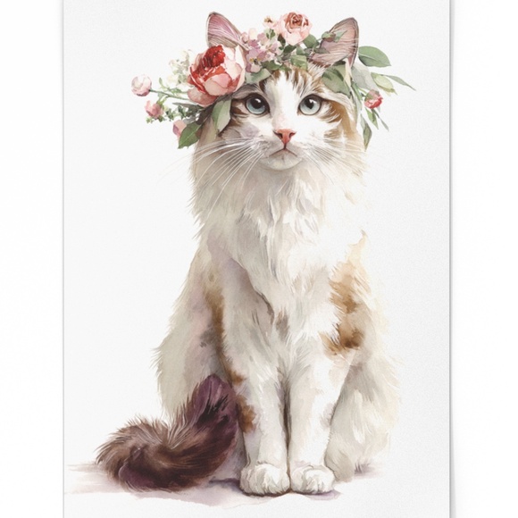 Watercolor Ragdoll Cat with Flower Crown Wall Art Print Unframed - Picture 2 of 7